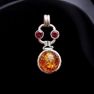 Garnet Amber Sterling Silver Necklace Pendant 1 1/2"